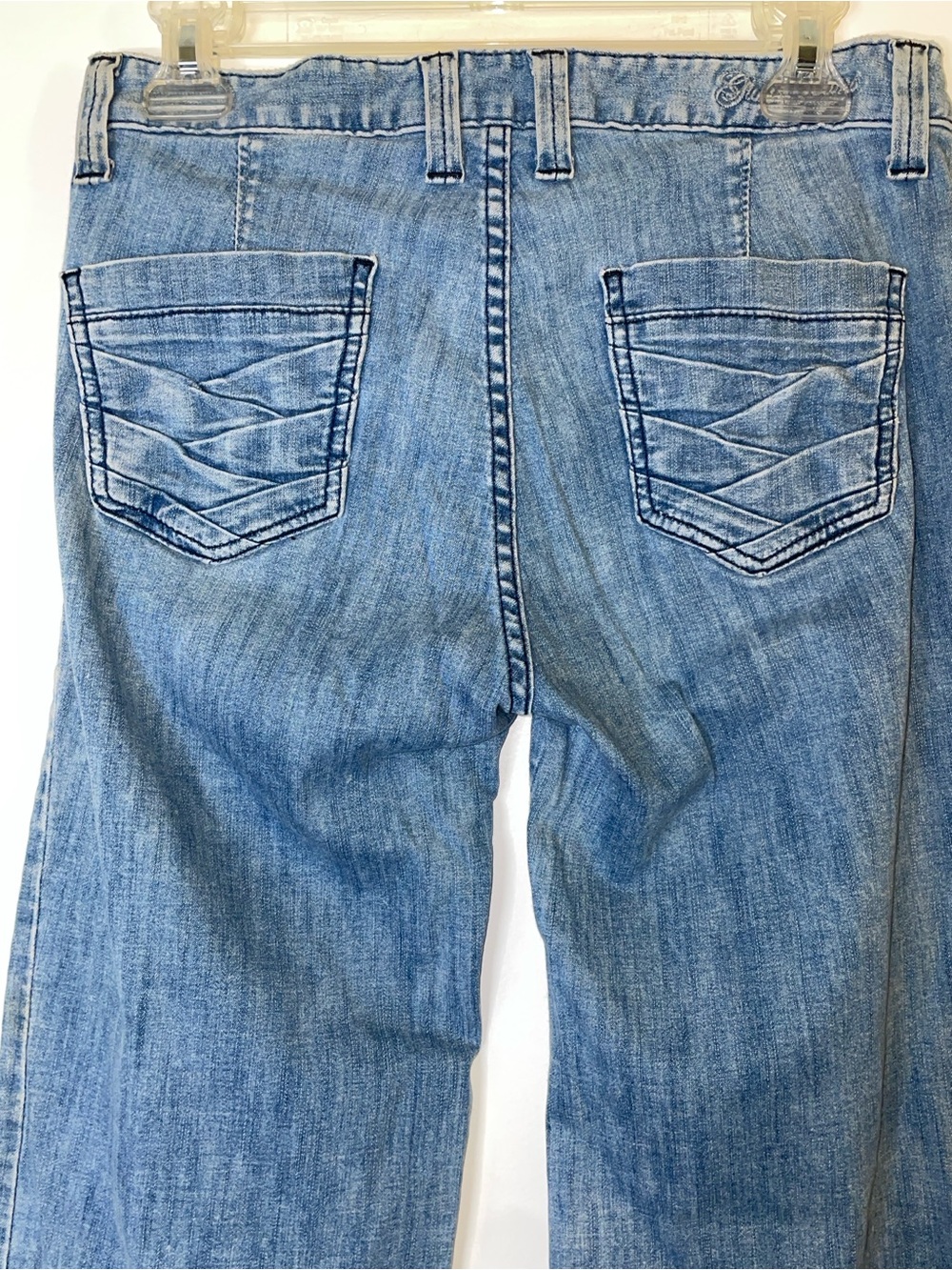 Vintage Guess Light Blue Bell Bottoms with Back Pocket Braiding